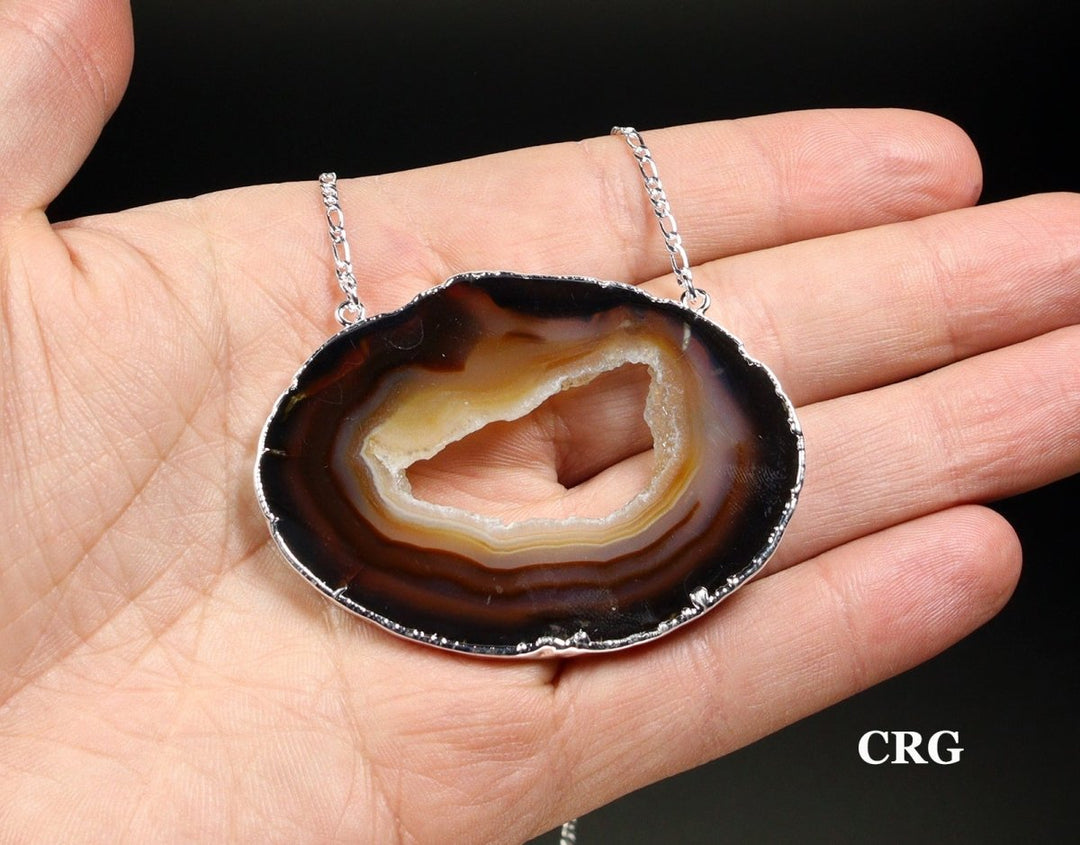 Natural Agate Slice Necklace with Silver Plating (1 Piece) Size 16 Inches Double Chain Crystal JewelryCrystal River Gems