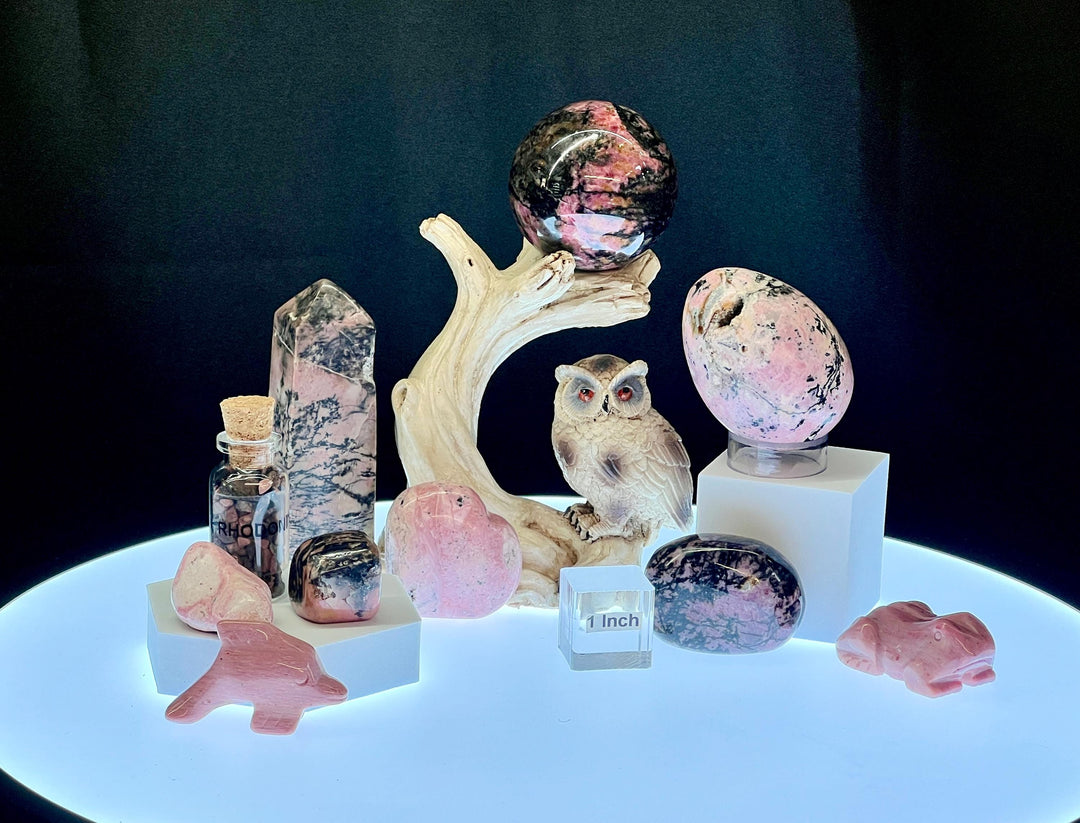 Rhodonite Carvings Crystal Bundle Lot (11 Pieces) Bulk Wholesale Gemstone Décor Collection