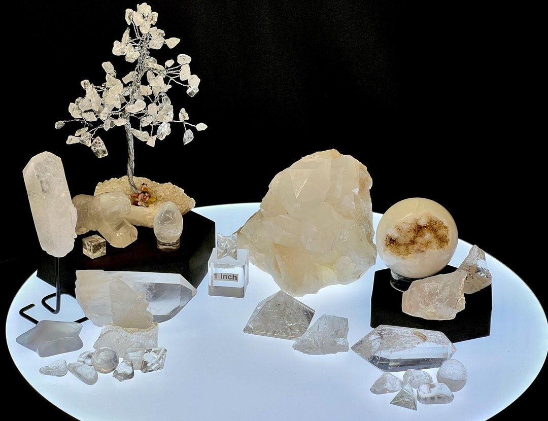 Clear Quartz Polished Carvings Crystal Bundle Lot (29 Pieces) Bulk Wholesale Gemstone Décor Collection