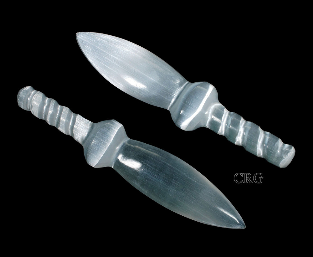 Selenite Dagger with Spiral Handle (Size 7.5 To 8.5 Inches) (1 Piece) Hand Carved Polished Gemstone DecorCrystal River Gems