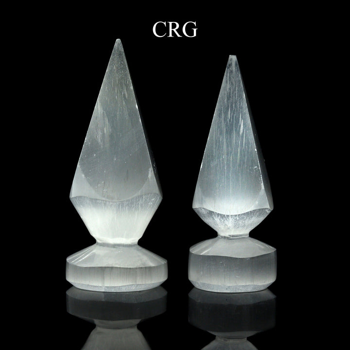 Selenite Small Obelisk Points with Round Bases (4 Pieces) Size 3.5 to 4 Inches Hand Carved Polished Gemstone DecorCrystal River Gems