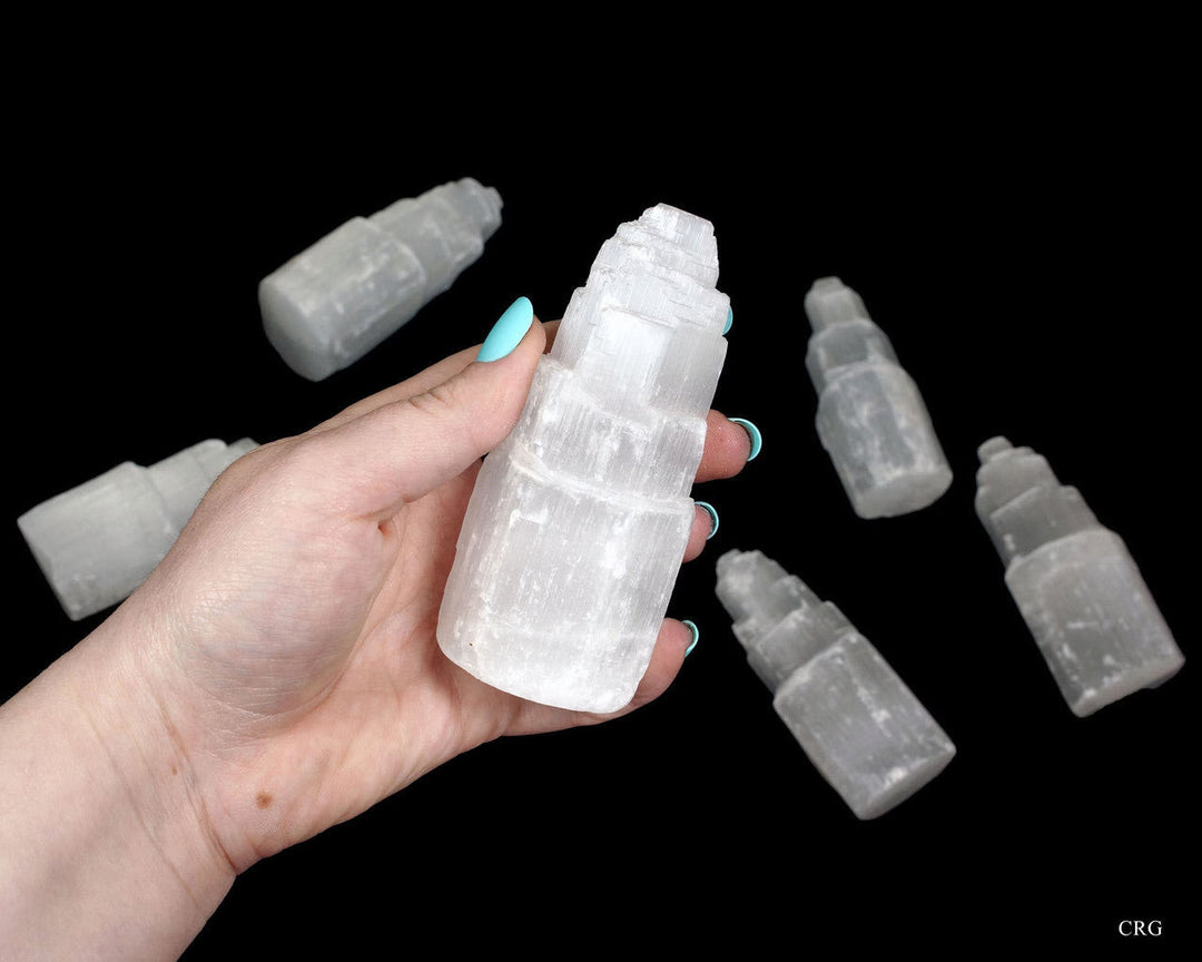 Selenite Small Skyscraper Tower (1 Piece) Size 4 Inches Hand Carved Polished Gemstone DecorCrystal River Gems