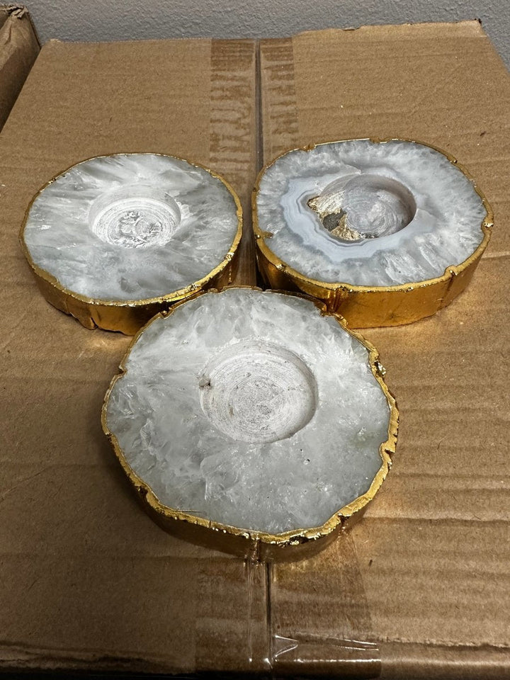 Agate Candle Holder with Gold Plating (1 Piece) Size 3 to 5 Inches Crystal Gemstone DecorCrystal River Gems