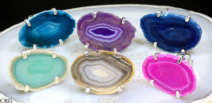 Agate Slice Adjustable Ring with Silver Plating (1 Piece) Size 1.5 Inches Mini Crystal RingCrystal River Gems