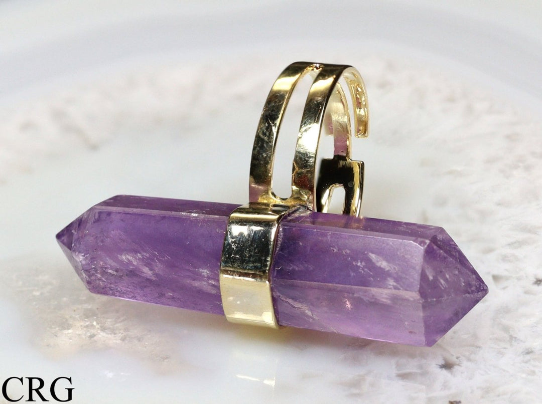 Amethyst Double Terminated Adjustable Ring with Gold Plating (1 Piece) Size 1.5 Inches Crystal Jewelry