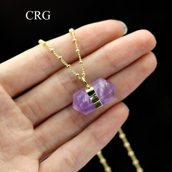 Amethyst Double Terminated Point Pendant Necklace with Gold Plating (1 Piece) Size 1 Inch Crystal JewelryCrystal River Gems