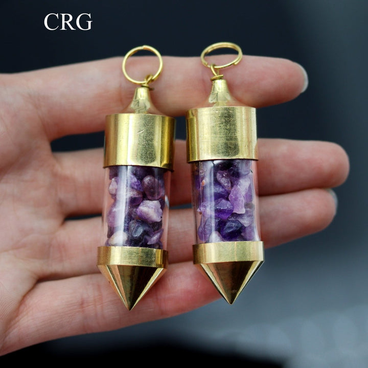 Amethyst Gemstone Chips in Gold - Plated Bottle Pendant (2 Pieces) Size 2.5 Inches Crystal Jewelry CharmCrystal River Gems
