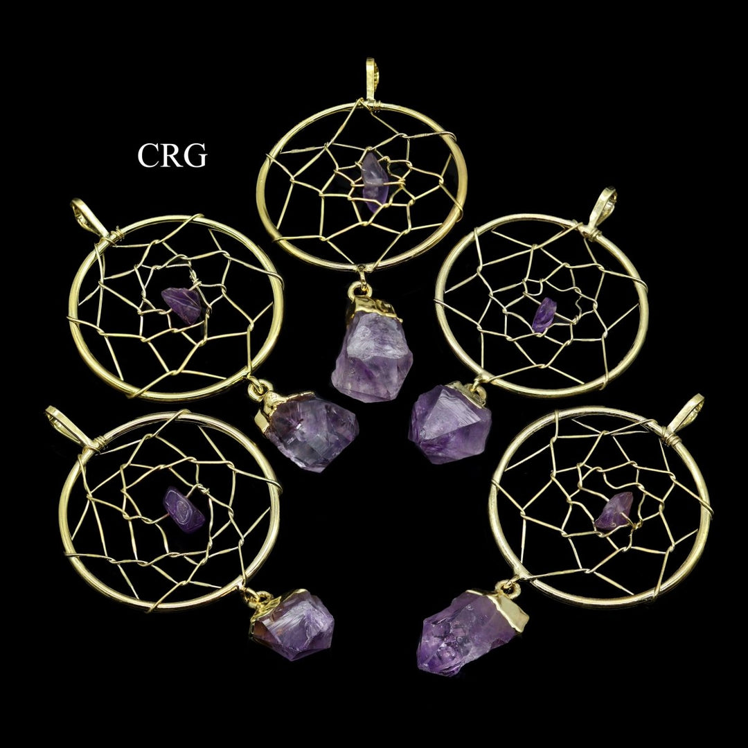 Amethyst Point Dream Catcher Gold - Plated Pendant (4 Pieces) Size 2 Inches Crystal Jewelry CharmCrystal River Gems