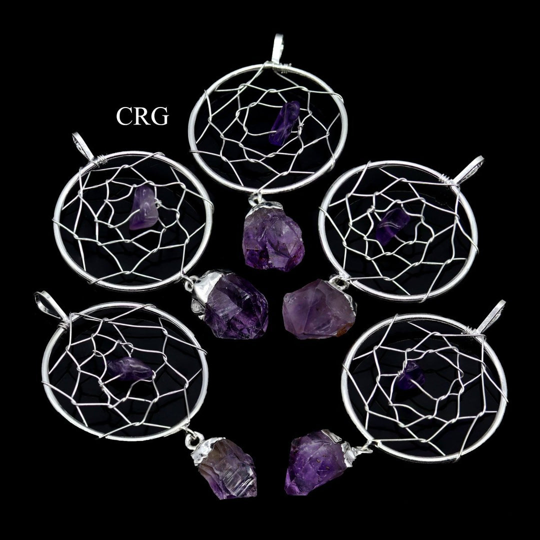 Amethyst Point Silver - Plated Dream Catcher Pendant (4 Pieces) Size 1 to 2 Inches Crystal Jewelry CharmCrystal River Gems