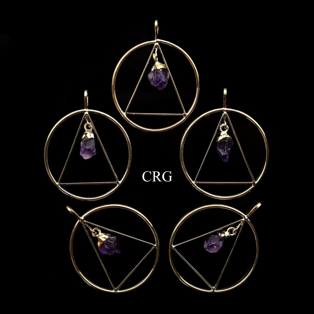 Amethyst Point with Gold - Plated Triangle in Ring Pendant (4 Pieces) Size 1 to 2 Inches Crystal Jewelry CharmCrystal River Gems