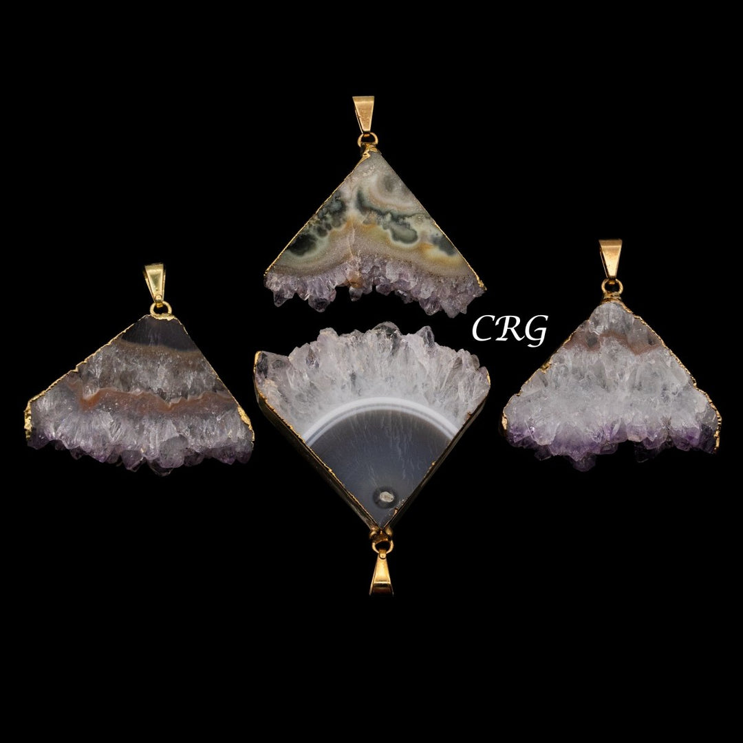 Amethyst Triangle Slice Pendant with Gold Plating (4 Pieces) Size 40 to 50 mm Crystal Jewelry CharmCrystal River Gems