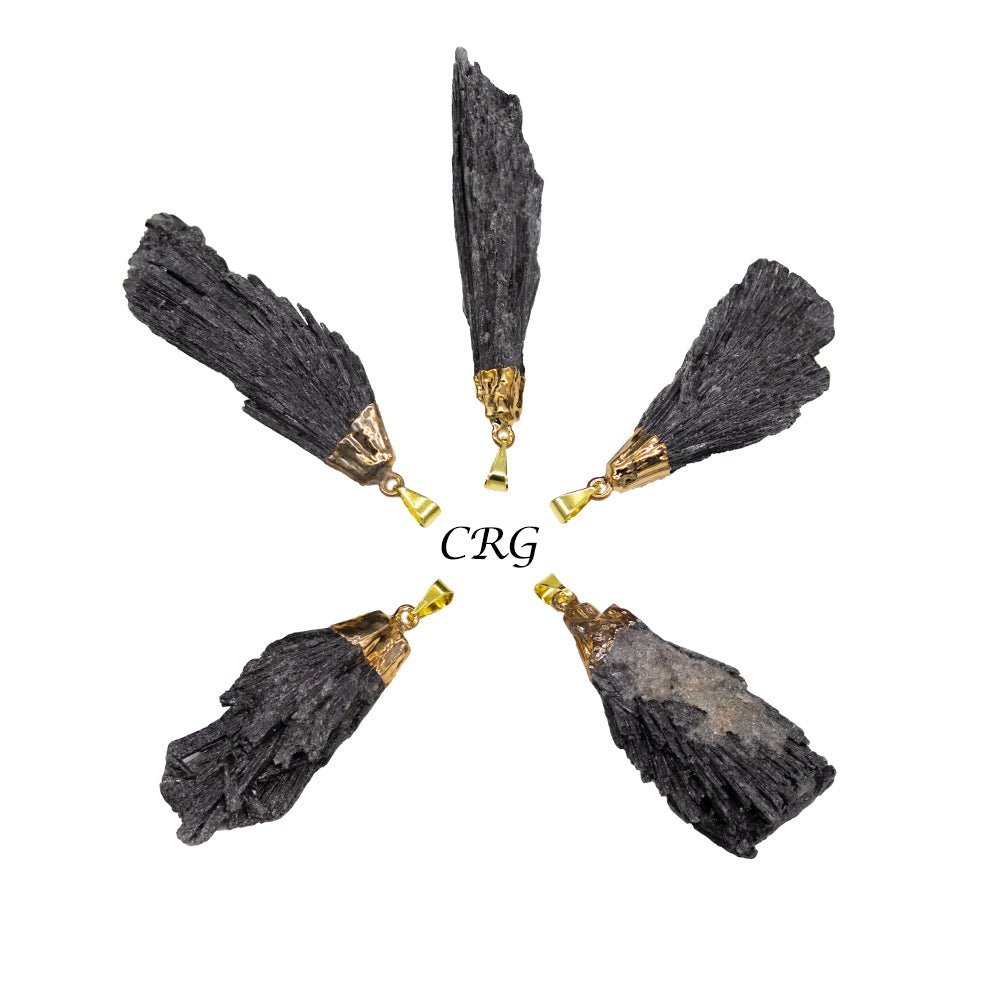 Black Kyanite Fan Pendant with Gold Plating (4 Pieces) Size 1 to 2 Inches Crystal Jewelry Charm