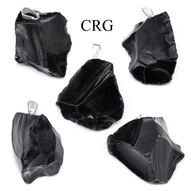 Black Obsidian Rough Rock Pendant with Silver Bail (5 Pieces) Size 18 to 22 mm Crystal Jewelry Charm