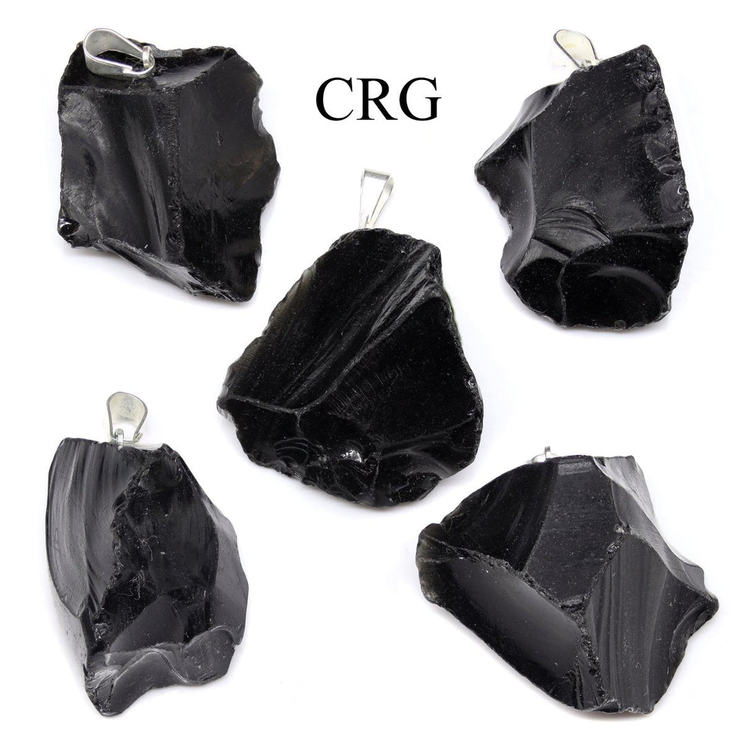 Black Obsidian Rough Rock Pendant with Silver Bail (5 Pieces) Size 18 to 22 mm Crystal Jewelry CharmCrystal River Gems