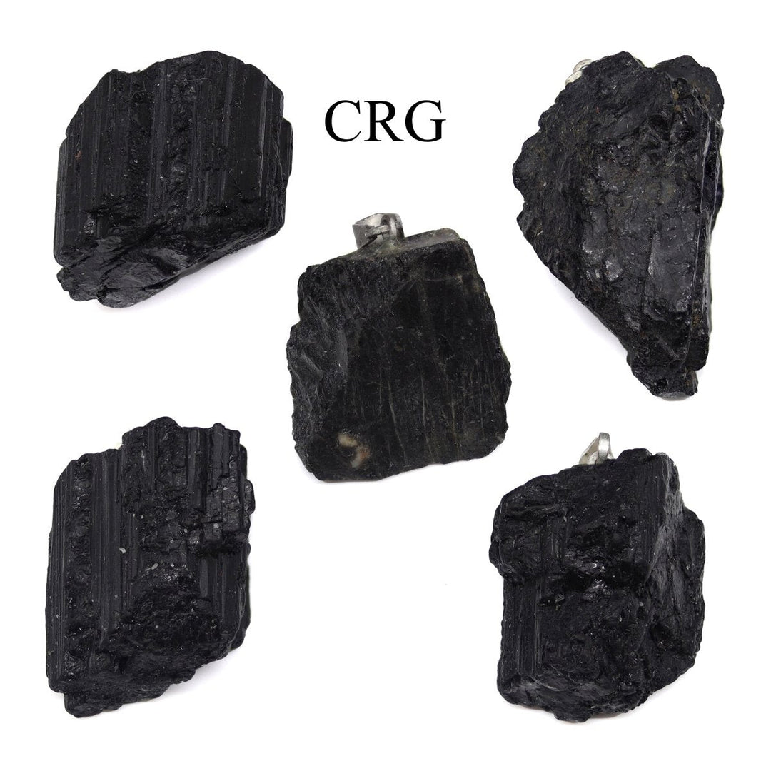 Black Tourmaline Rough Rock Pendant with Silver Bail (5 Pieces) Size 18 to 22 mm Crystal Jewelry CharmCrystal River Gems