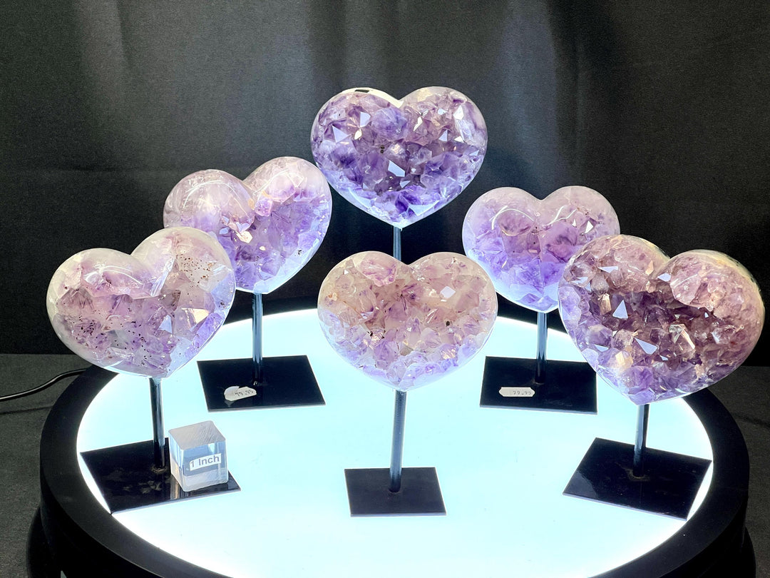 Amethyst Hearts on Metal Stands Crystal Bundle Lot (6 Pieces) Bulk Wholesale Gemstone Décor Collection