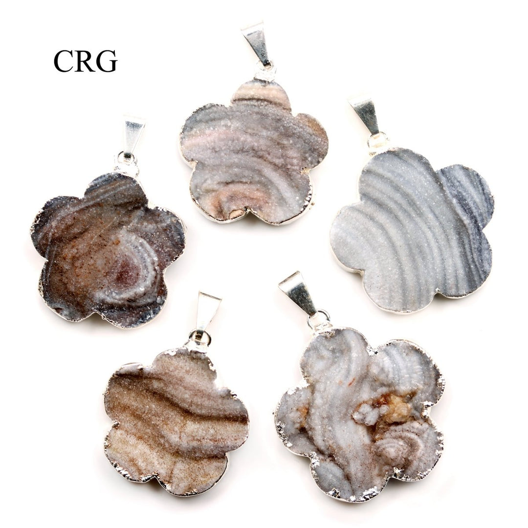 Chalcedony Agate Druzy Flower Pendant with Silver Plating (1 Piece) Size 25 to 35 mm Crystal Jewelry CharmCrystal River Gems