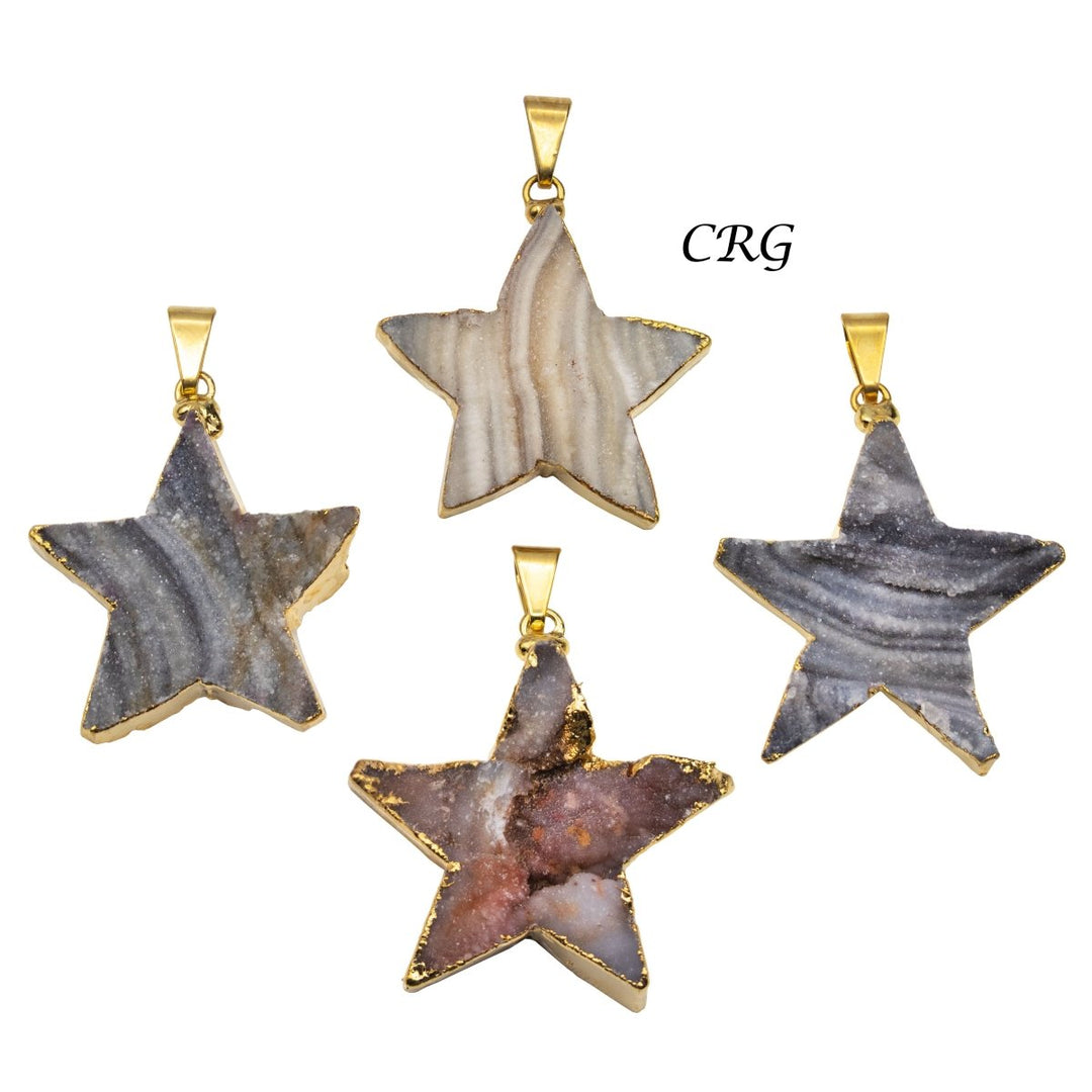 Chalcedony Agate Druzy Star Pendant with Gold Plating (1 Piece) Size 1.75 Inches Crystal Jewelry CharmCrystal River Gems