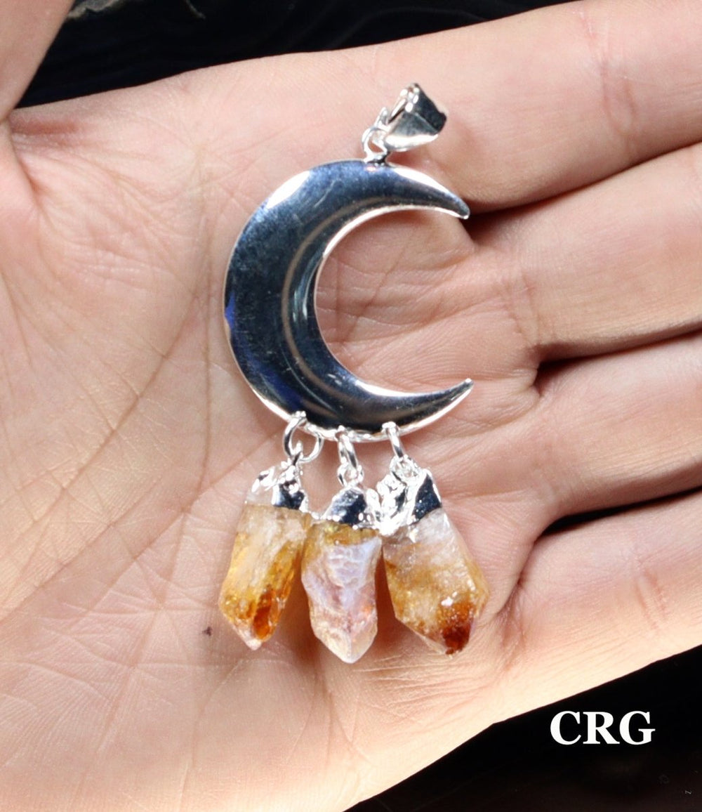 Citrine 3 Raw Points with Silver-Plated Crescent Moon Pendant (1 Piece) Size 4 Inches Crystal Jewelry Charm