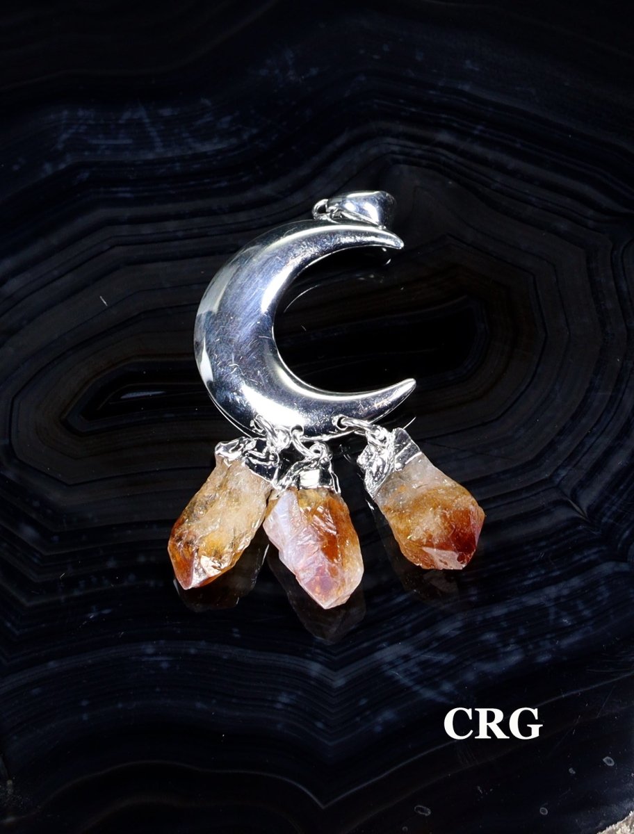 Citrine 3 Raw Points with Silver-Plated Crescent Moon Pendant (1 Piece) Size 4 Inches Crystal Jewelry Charm