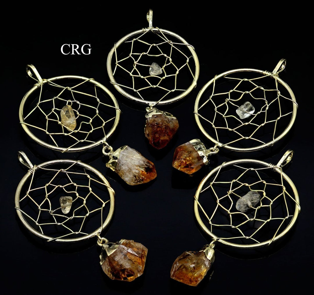 Citrine Point on Dream Catcher Pendant with Gold Plating (4 Pieces) Size 1 to 2 Inches Crystal Jewelry Charm