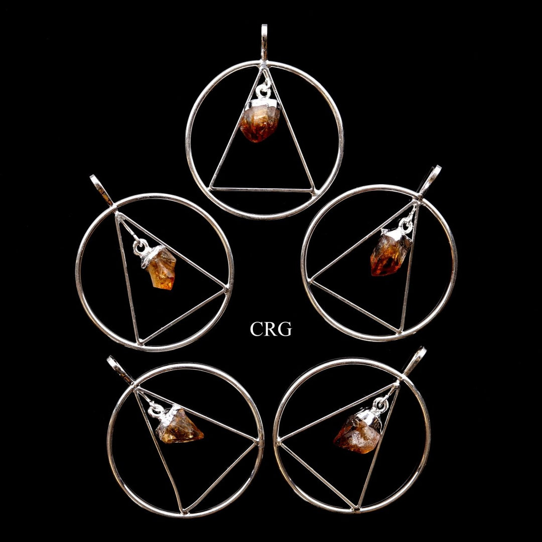 Citrine Point on Silver - Plated Triangle in Ring Pendant (4 Pieces) Size 1.5 Inches Crystal Jewelry CharmCrystal River Gems