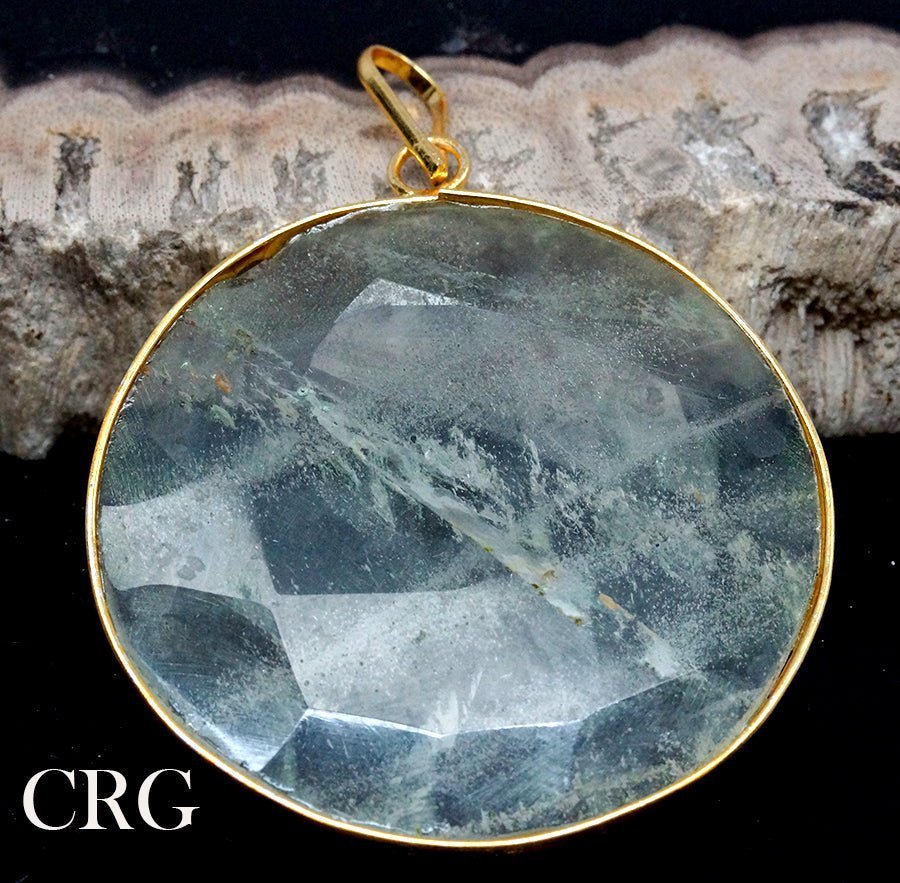 Clear Quartz Faceted Round Pendant with Gold Plating (1 Piece) Size 1.5 Inches Crystal Jewelry CharmCrystal River Gems