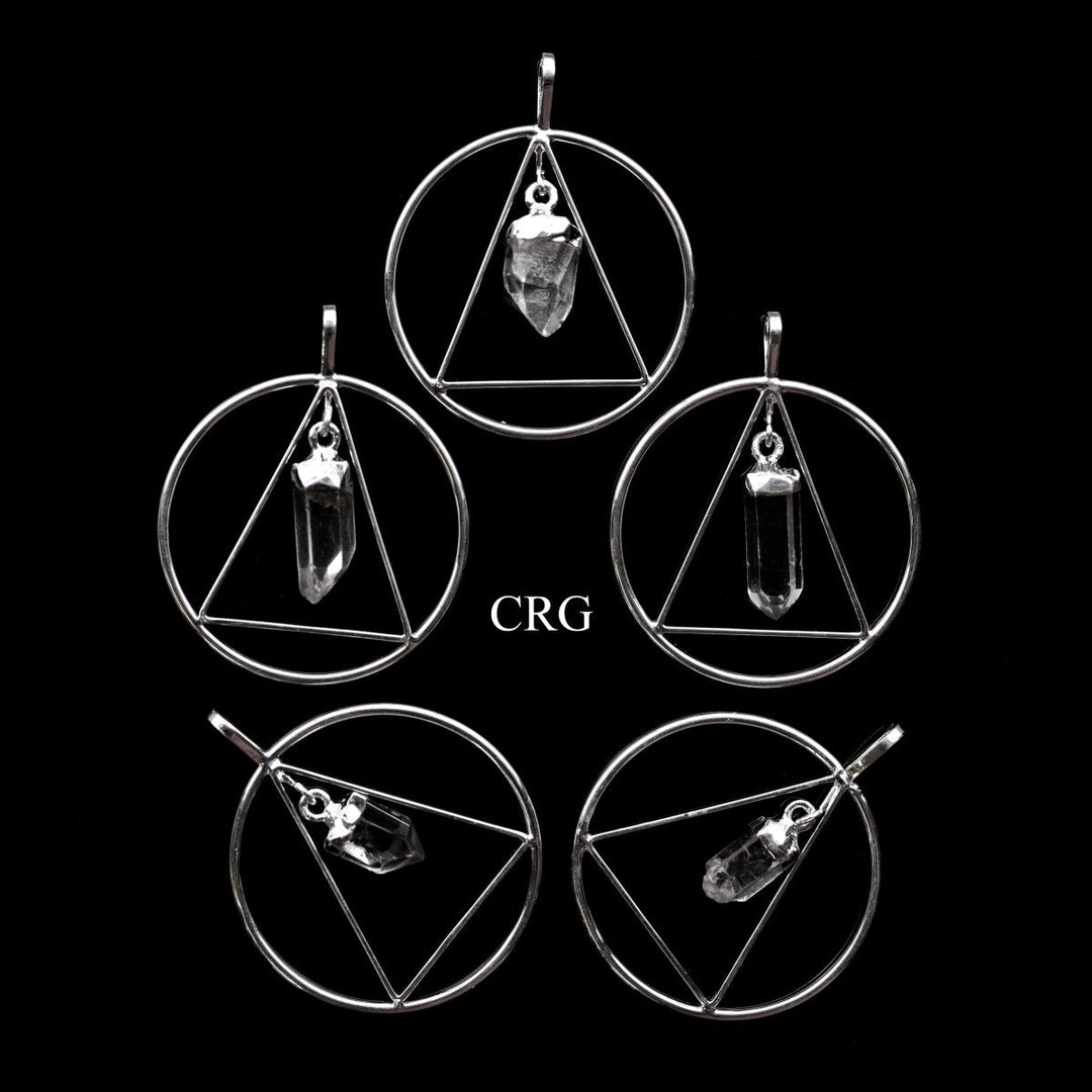 Clear Quartz Point on Silver - Plated Triangle in Ring Pendant (4 Pieces) Size 1.5 Inches Crystal Jewelry CharmCrystal River Gems