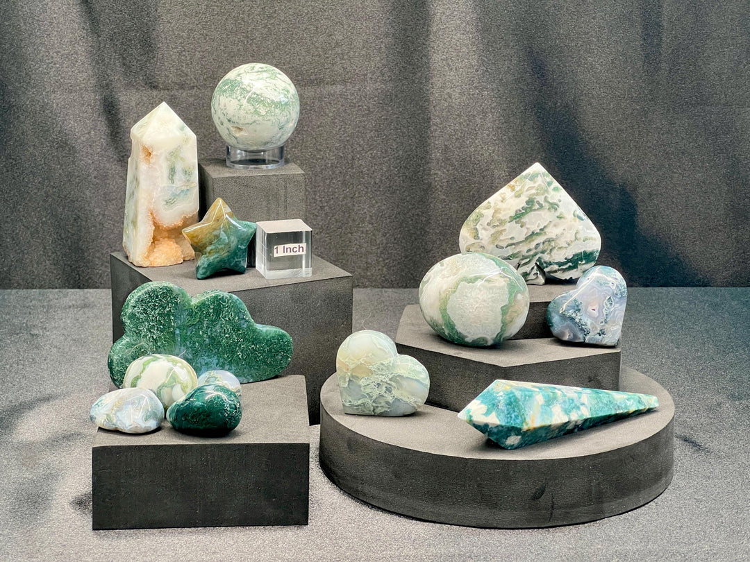 Polished Moss Agate Crystal Bundle Lot (13 Pieces) Bulk Wholesale Gemstone Décor Collection