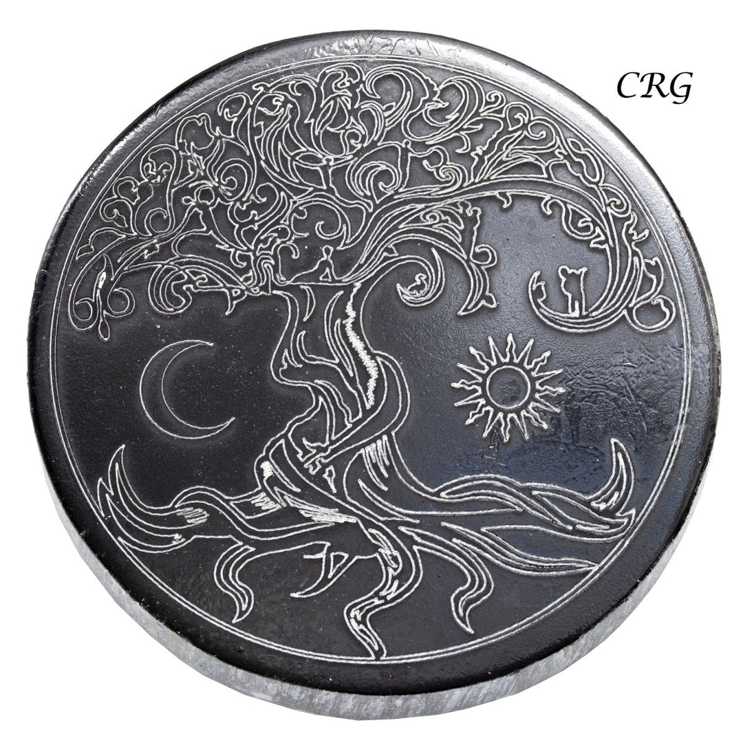 Black Selenite Engraved Tree of Life Plate 4 inches (1 Piece)Crystal River Gems
