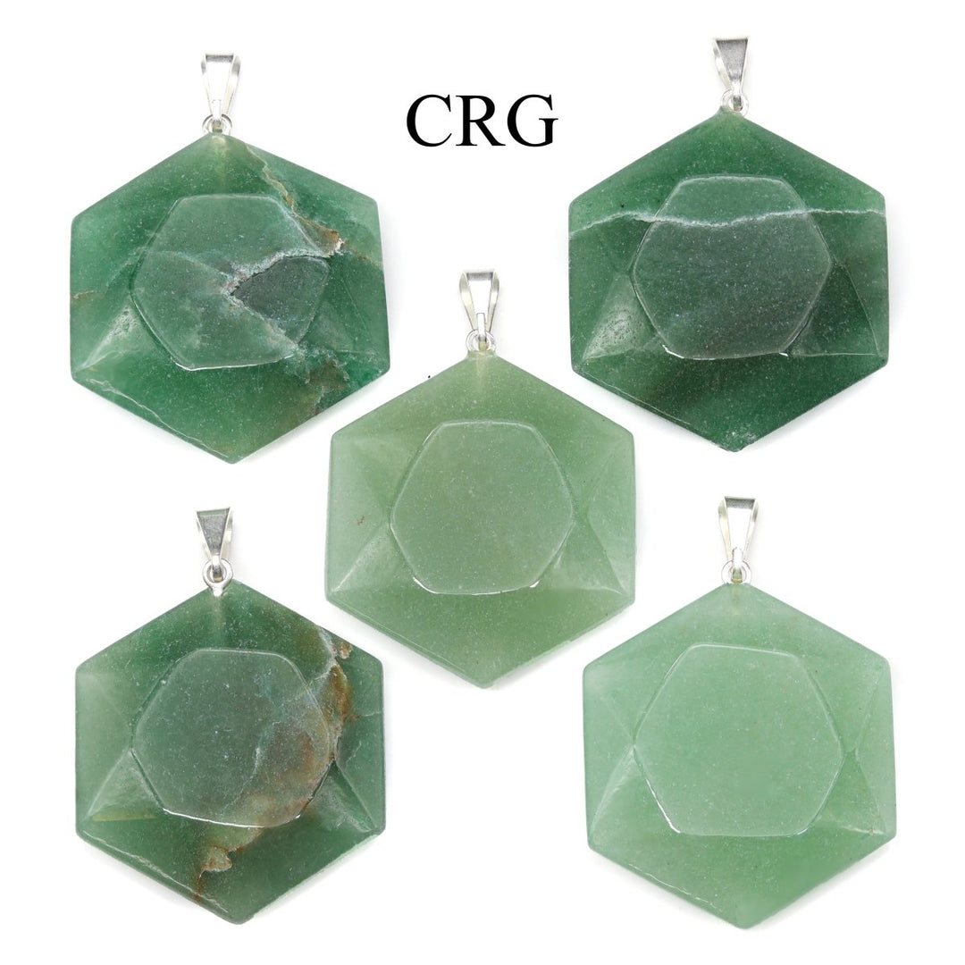 Green Aventurine Faceted Hexagon Pendant with Silver Bail (5 Pieces) Size 30 mm Crystal Jewelry CharmCrystal River Gems