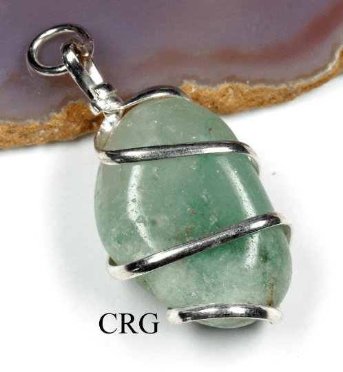Green Aventurine Tumbled Pendant with Silver Plating Spiral Wrapping (4 Pieces) Size 1 to 1.5 Inches Crystal Jewelry Charm
