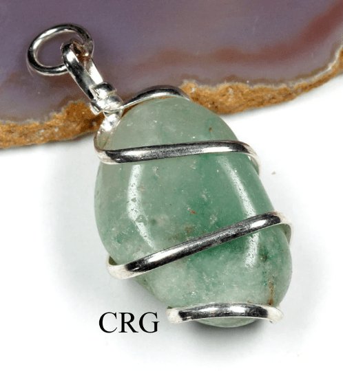 Green Aventurine Tumbled Pendant with Silver Plating Spiral Wrapping (4 Pieces) Size 1 to 1.5 Inches Crystal Jewelry CharmCrystal River Gems