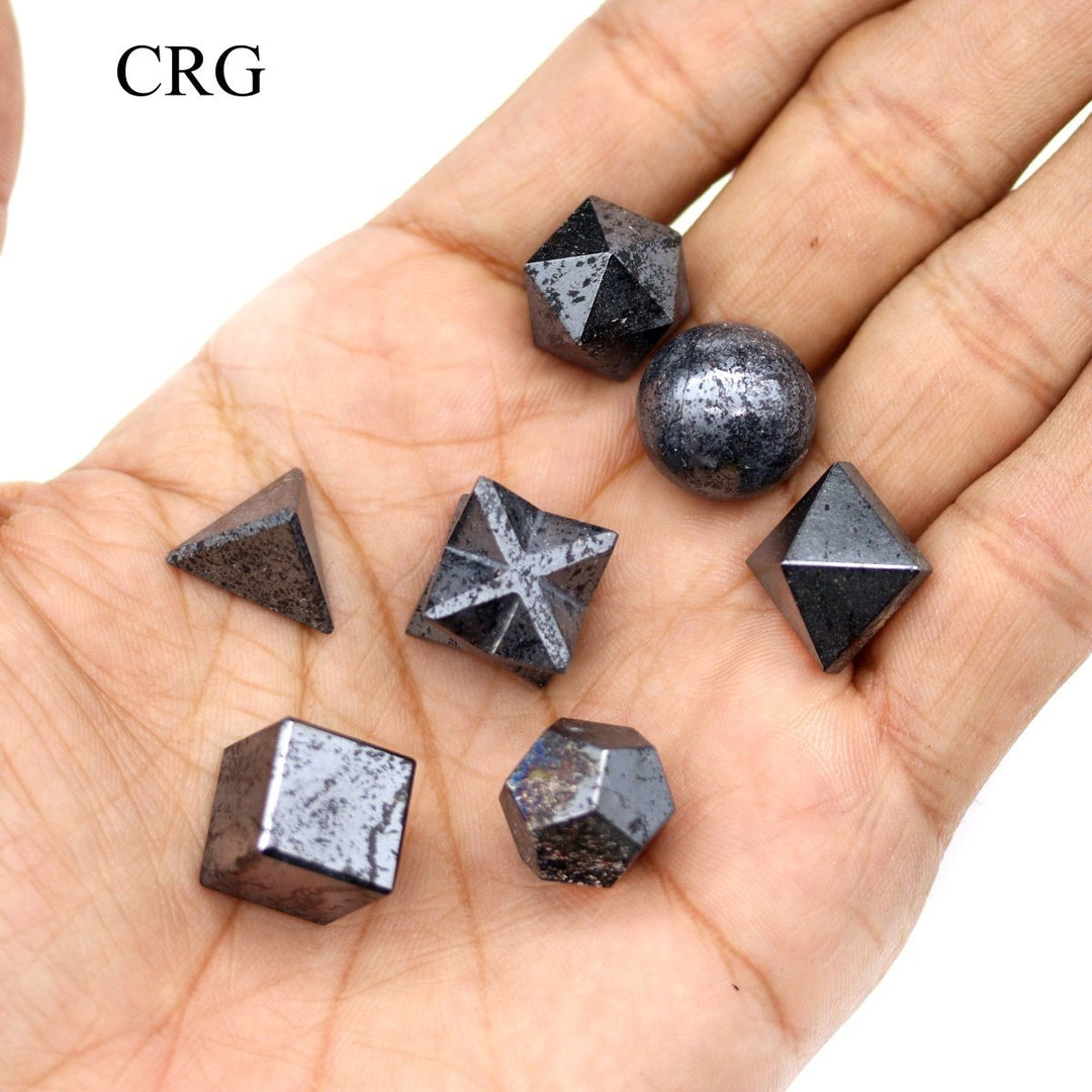 Hematite Platonic Solid Geometry Set (7 Pieces) Size 18 to 20 mm Small Crystal Gemstone Geometric Shapes