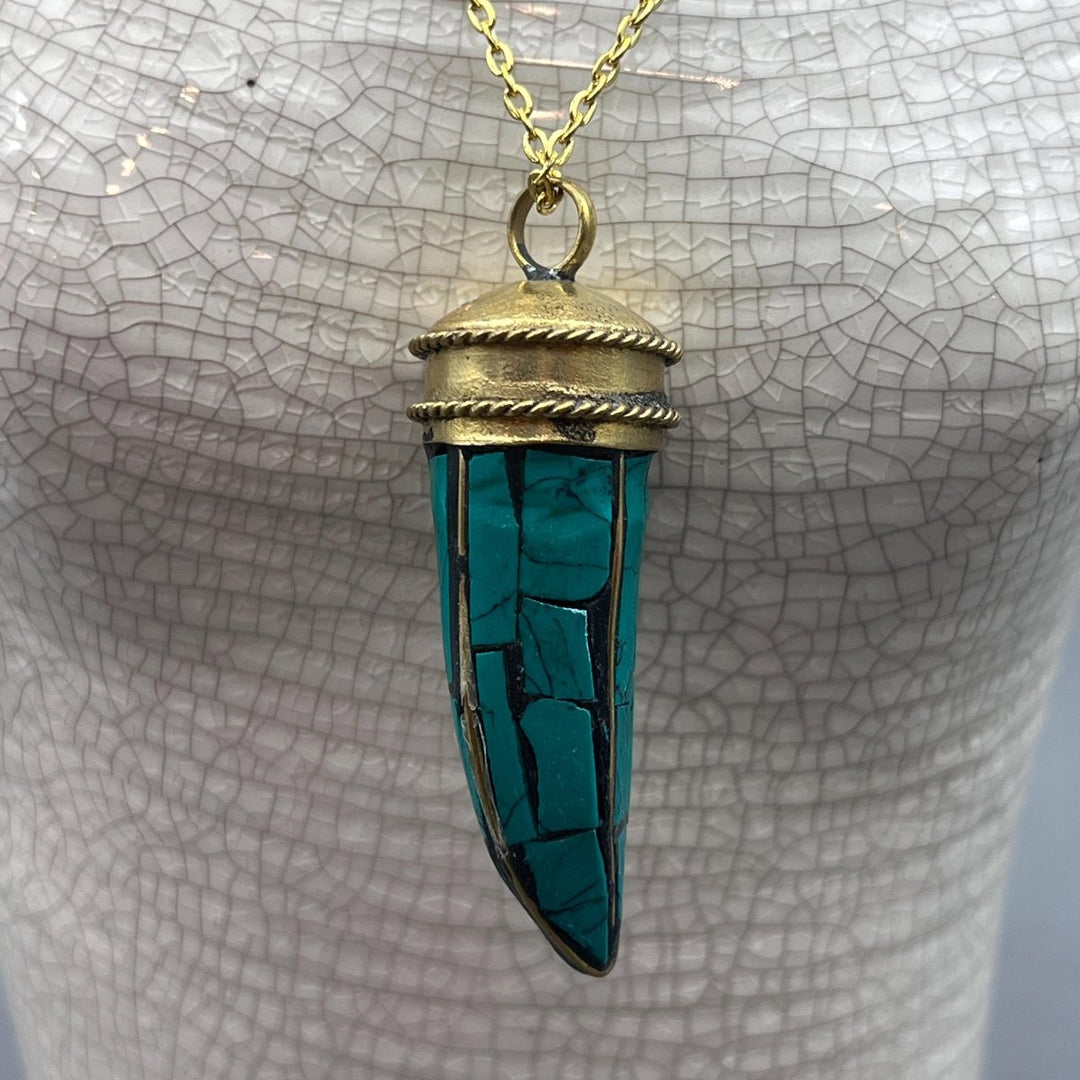 Imitation Malachite Horn Medium Necklace With Gold Plating And Chain (1 Piece)Crystal River Gems
