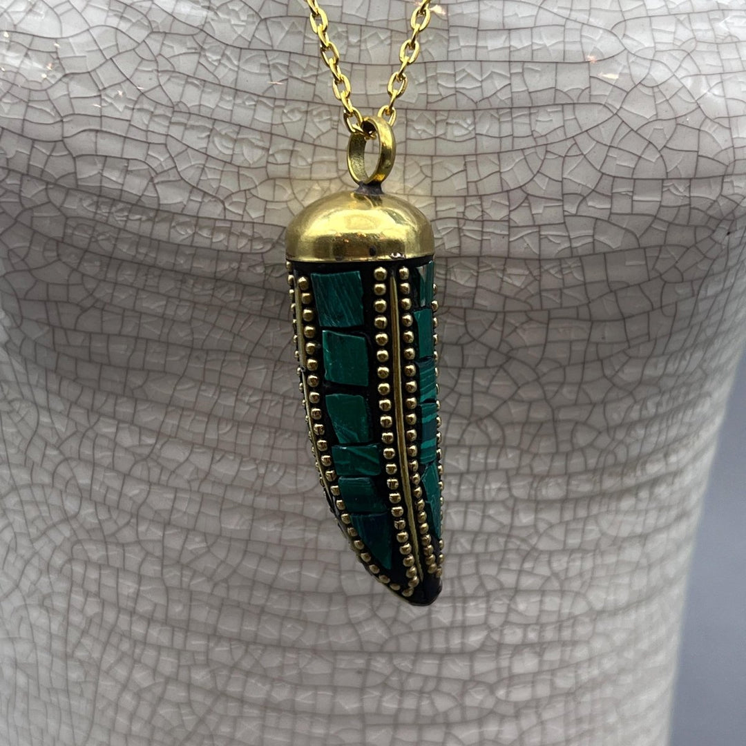 Imitation Malachite Horn Necklace With Gold Plating And Chain (1 Piece)Crystal River Gems