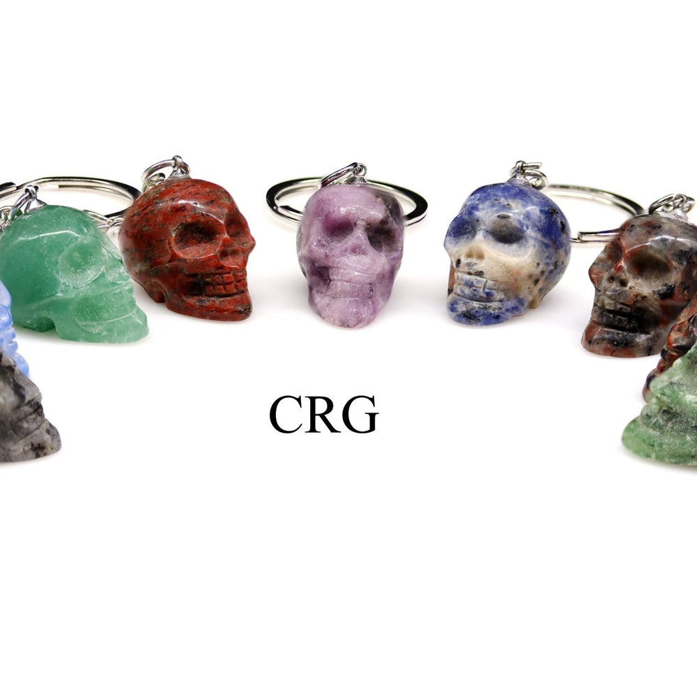 Mixed Gemstone Skull Keychains (10 Pieces) Size 3 Inches Assorted Crystal Carvings
