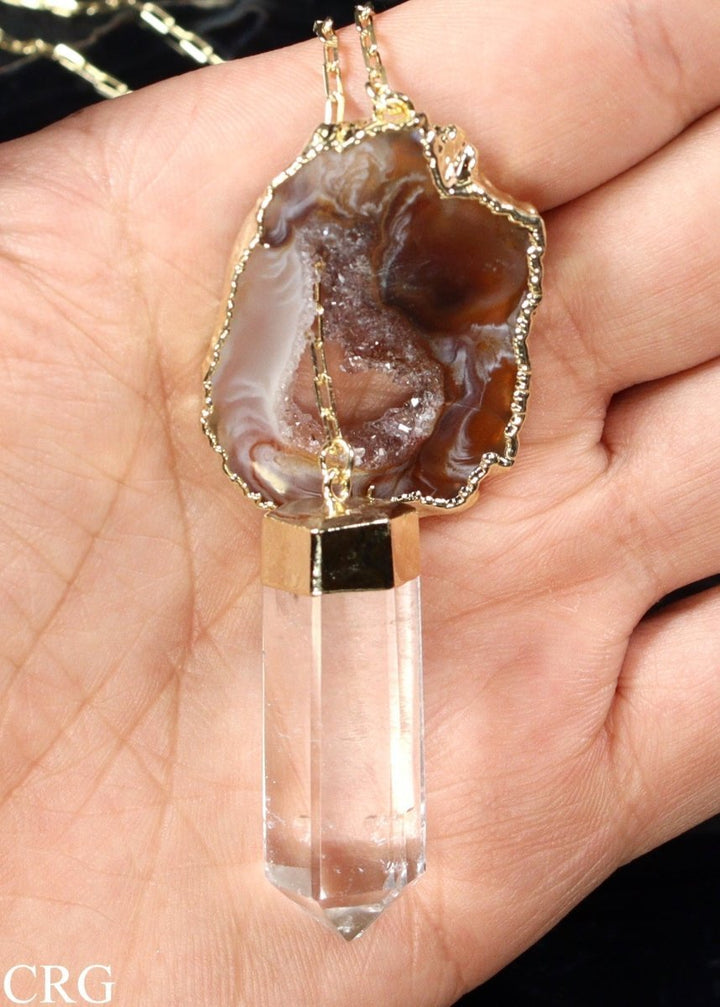 Oco Geode Pendant with Quartz Point and Gold Plating on Y-Chain Necklace (1 Piece) Size 2 to 3 Inches Crystal Jewelry