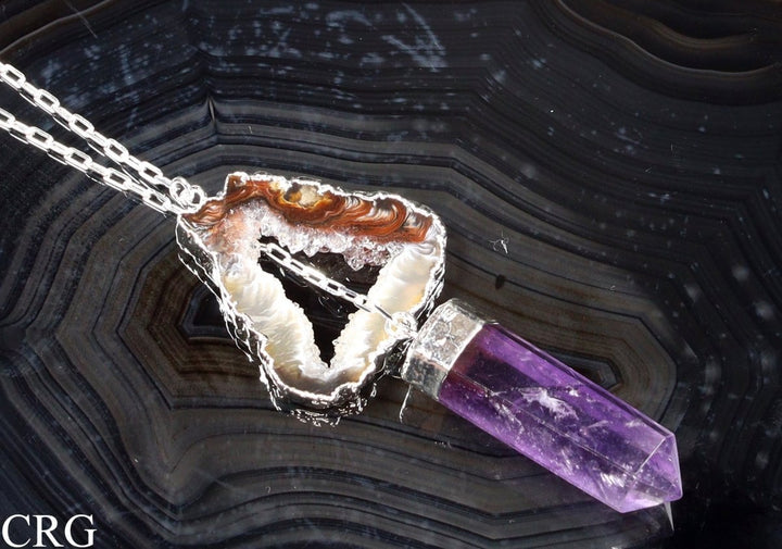 Oco Geode Slice Necklace with Amethyst Point and Silver Plating (1 Piece) Size 32 Inches Crystal JewelryCrystal River Gems