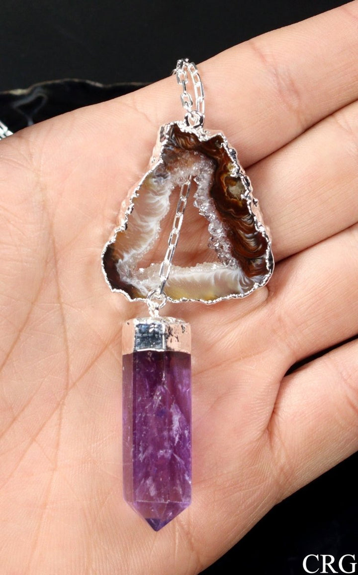 Oco Geode Slice Necklace with Amethyst Point and Silver Plating (1 Piece) Size 32 Inches Crystal JewelryCrystal River Gems