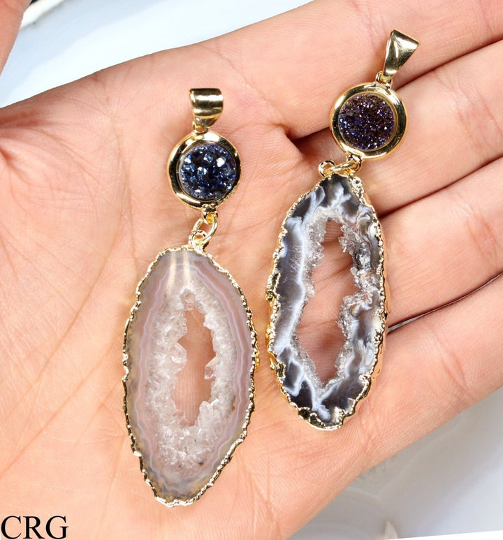 Oco Geode Slice Pendant (2.75 Inches) (1 Pc) Gold - Plated Titanium Aura Druzy Crystal CharmCrystal River Gems