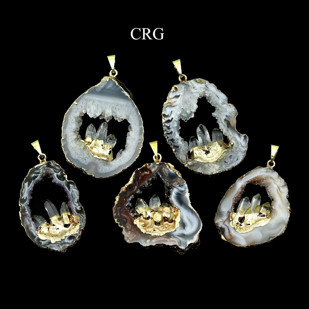 Oco Geode Slice Pendant with 3 Quartz Points and Gold Plating (4 Pieces) Size 1.5 to 3 Inches Crystal Jewelry CharmCrystal River Gems