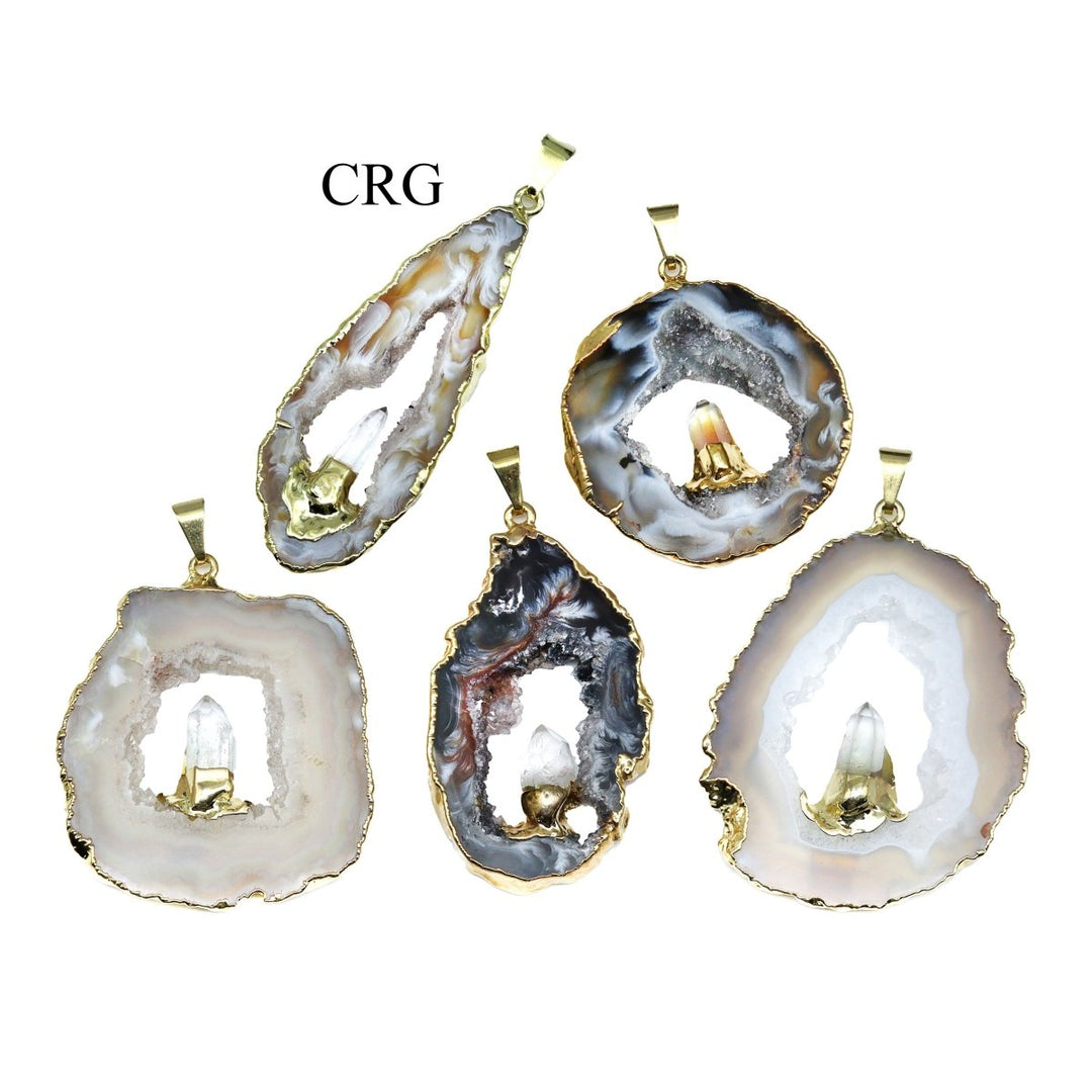 Oco Geode Slice Pendant with Quartz Point and Gold Plating (4 Pieces) Size 1 to 2 Inches Crystal Jewelry CharmCrystal River Gems