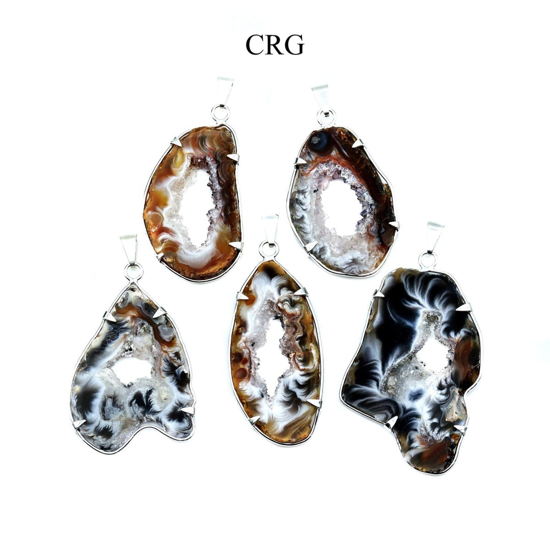 Oco Geode Slice Pendant with Silver - Plated Prong Setting (4 Pieces) Size 1.5 to 2.5 Inches Crystal Jewelry CharmCrystal River Gems
