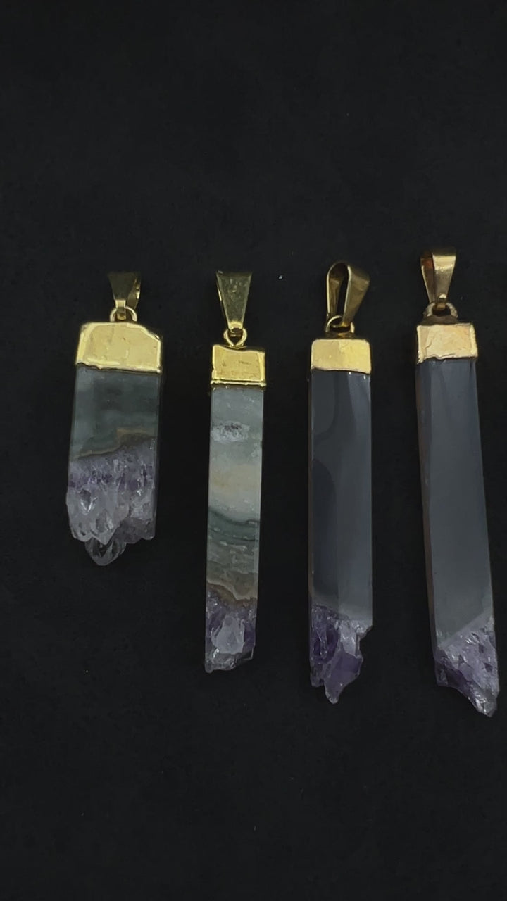 Tall Amethyst Druzy Crystal Slice Gold Pendant