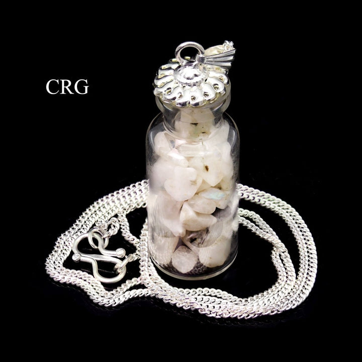 Rainbow Moonstone Chip Bottle Necklace with Silver Chain (1 Piece) Size 2 Inches Crystal JewelryCrystal River Gems