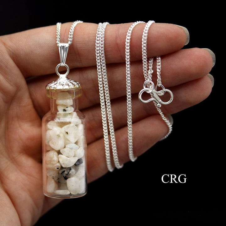 Rainbow Moonstone Chip Bottle Necklace with Silver Chain (1 Piece) Size 2 Inches Crystal JewelryCrystal River Gems