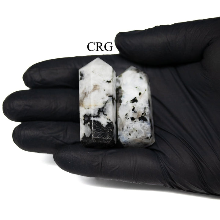 Rainbow Moonstone Mini Towers (2 Pieces) Size 50 mm 6 - Sided Crystal Gemstone PointsCrystal River Gems