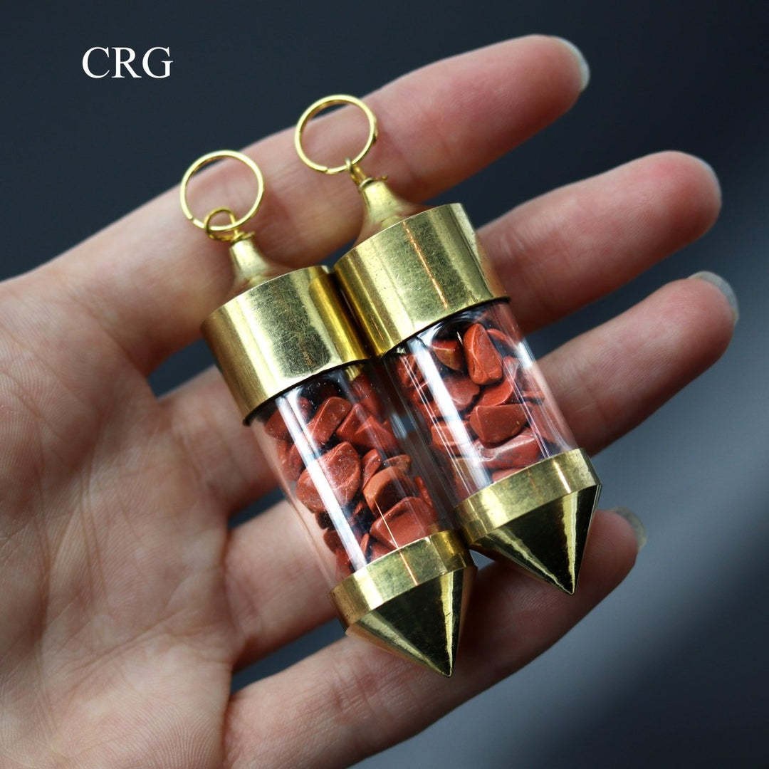 Red Jasper Gemstone Chips in Gold-Plated Bottle Pendant (2 Pieces) Size 2.5 Inches Crystal Jewelry Charm