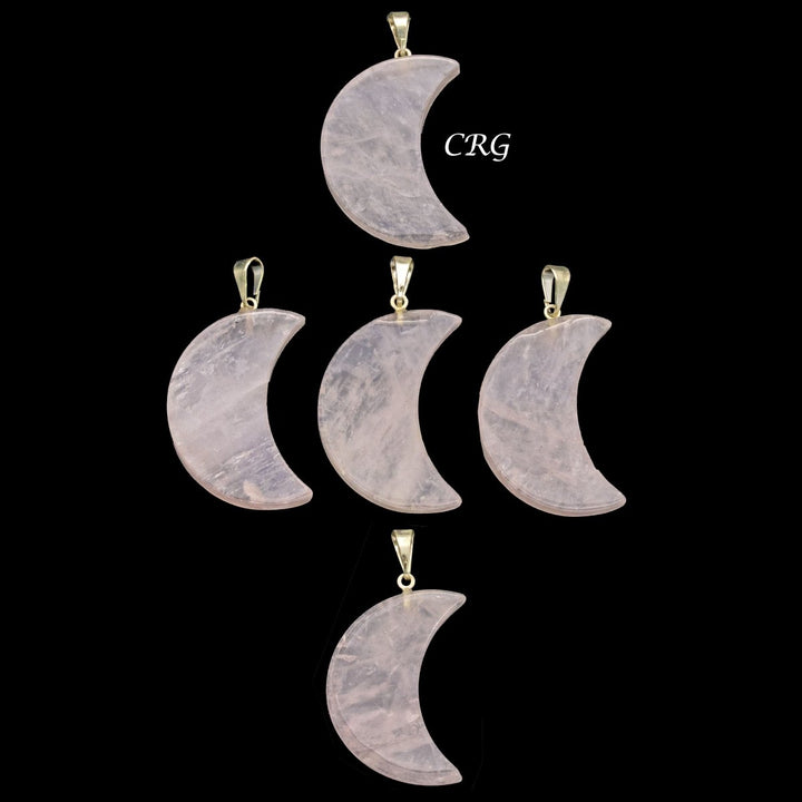Rose Quartz Crescent Moon Pendant with Silver Bail (5 Pieces) Size 35 to 45 mm Crystal Jewelry CharmCrystal River Gems